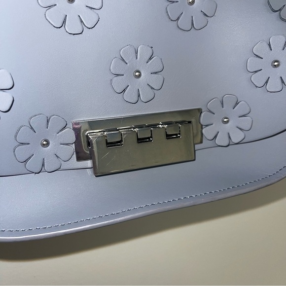 ZAC Zac Posen Crossbody Bag Slate Blue Grey Leather Flowers Handbag Purse Silver - Picture 14 of 14